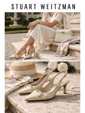 Stuart Weitzman Slingback Heels Beige Suede Rhinestone Buckle Pointed Toe US 8 M